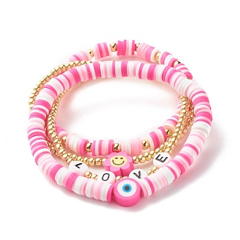 Handmade Polymer Clay Heishi Beads Stretch Bracelets Set, Love Word Acrylic Beads Bracelets, Smiling Face and Evil Eye Beads Lucky Bracelets, Brass Round Beads Bracelets for Women, Golden, Pink, Inner Diameter: 1-7/8~2 1/8 inch(4.8~5.3cm), 4pcs/set
