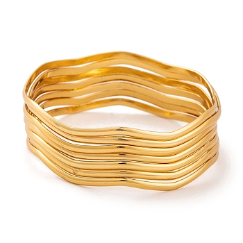 7Pcs PVD Vacuum Plating 304 Stainless Steel Wave Bangles Set for Women, Golden, 2.5mm, Inner Diameter: 2-1/8 inch(5.5cm)