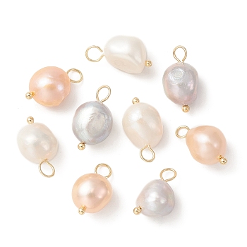 3Pcs 3 Colors Natural Freshwater Pearl Pendants, Potato Charms with Golden Plated Brass Loops, Mixed Color, 16~17x8~9x8~8.5mm, Hole: 2.5~3mm, 1pc/color