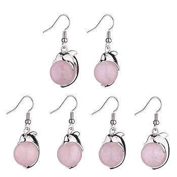 Natural Rose Quartz Dolphin Dangle Earrings with Crystal Rhinestone, Platinum Brass Jewelry for Women, 38mm, Pin: 0.6mm