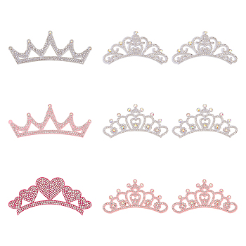 9Pcs 6 Styles Crown Non-woven Fabric Appliques, with Crystal AB Glass Rhinestone, Ornament Accessories, Mixed Color, 37~45x84~102x2~3mm