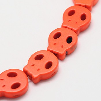 Skull Synthetic Turquoise Beads Strands, Dyed, Orange, 28x25x4mm, Hole: 1mm, about 14pcs/strand, 15.7 inch