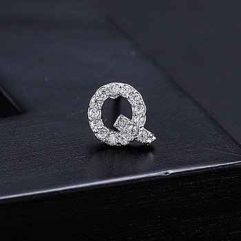 Platinum Brass Micro Pave Cubic Zirconia Stud Earrings, Initial Letter, Letter Q, No Size