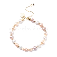 Natural Pearl Beaded Bracelet with Brass Heart Charm for Women, Pearl Pink, Inner Diameter: 2-1/4~2-5/8 inch(5.6~6.7cm)(BJEW-JB08165-01)