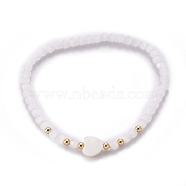 Faceted Glass Beaded Stretch Bracelets, with Brass Beads and Heart Natural Trochid Shell Beads, White, Inner Diameter: 2-1/4 inch(5.8cm)(BJEW-JB05485-02)