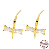 Bowknot 925 Sterling Silver with Clear Cubic Zirconia Stud Earring Findings, Earring Settings for Half Drilled Beads, with S925 Stamp, Real 18K Gold Plated, 10.5x9.5mm, Pin: 10.5X0.7mm and 0.8mm(STER-Q192-08G)