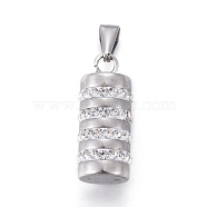 304 Stainless Steel Pendants, with Polymer Clay Rhinestone, Column, Stainless Steel Color, 25x10.5mm, Hole: 3x8mm(STAS-F252-34P-02)