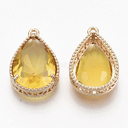 Faceted Glass Pendants, with Golden Tone Brass Open Back Settings, Teardrop, Goldenrod, 23x15.5x6.5mm, Hole: 1.5mm(X-GLAA-T010-016E)