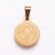 304 Stainless Steel Pendants, Flat Round with Saint Benedict, Golden, 18x15x2mm, Hole: 6.5x4mm(STAS-I121-18A)