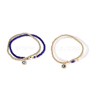 Stretch Bracelets Sets, with Round Brass Beads, Glass Beads, Evil Eye Lampwork Beads and Brass Micro Pave Cubic Zirconia Charms, Golden, Mixed Color, Inner Diameter: 2-1/4 inch(5.7cm), 4pcs/set(BJEW-JB05685)