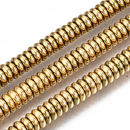 Electroplate Non-magnetic Synthetic Hematite Beads Strands, Flat Round/Disc, Heishi Beads, Real 18K Gold Plated, 6x2mm, Hole: 1mm, about 95~112pcs/strand, 15.75 inch~16.34 inch(40cm~41.5cm)(G-T114-88B-G)