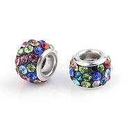 Polymer Clay Rhinestone European Beads, Large Hole Beads, Rondelle, with Silver Color Plated Brass Cores, Colorful, 10~12x7~8mm, Hole: 5mm(CPDL-T001-21)