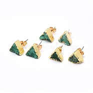 Natural Druzy Quartz Crystal Stud Earring, with Brass Findings, Triangle, Golden, Light Sea Green, 10x11x4~7mm, Pin: 0.7mm(EJEW-F173-E07-G)