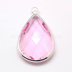 Silver Color Plated Brass Glass Teardrop Pendants, Faceted, Pearl Pink, 18x10x5mm, Hole: 2mm(X-GLAA-M006-A-15S)
