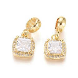 Brass Micro Pave Clear Cubic Zirconia European Dangle Charms, Large Hole Pendants, Square, Golden, 21mm, Hole: 5mm, Square: 12x10x4.5mm(OPDL-L016-13G)