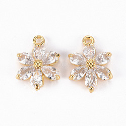 Brass Clear Cubic Zirconia Pendants, Flower, Real 18K Gold Plated, 15x11x5mm, Hole: 1.4mm(ZIRC-S068-025-NF)