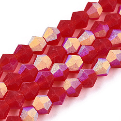 Imitate Austrian Crystal Bicone Frosted Glass Beads Strands, Grade AA, Faceted, Crimson, 4x4mm, Hole: 1mm, about 87~89pcs/strand, 13.19~13.39 inch(33.5~34cm)(GLAA-F029-TM4mm-A14)