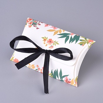 Paper Pillow Candy Boxes, with Ribbon, Wedding Favor Party Supply Gift Boxes, Floral Pattern, Colorful, 123x76x25mm
