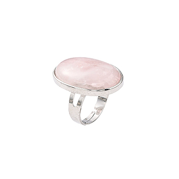 Gemstone Rings, Rose Quartz, with Platinum Brass Findings, Oval, Adjustable, Pink, 18mm