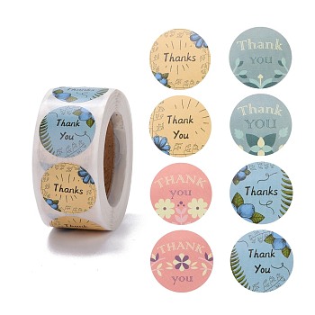 Thank You Stickers, Paper Stickers, Round with Word, Self-Adhesive Gift Tag Labels, Flower Pattern, 6.3x2.95cm, 500pcs/roll