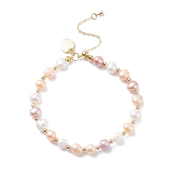 Natural Pearl Beaded Bracelet with Brass Heart Charm for Women, Pearl Pink, Inner Diameter: 2-1/4~2-5/8 inch(5.6~6.7cm)
