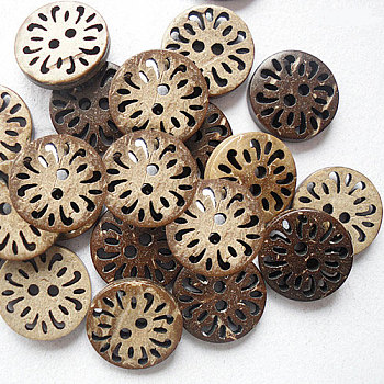 Round Carved 2-hole Basic Sewing Button, Coconut Button, BurlyWood, about 13mm in diameter, about 100pcs/bag