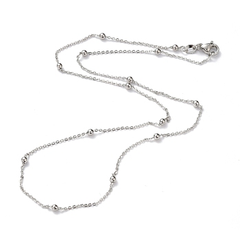 Brass Cable Chain Necklaces, with Round Beads and Lobster Claw Clasps, Long-Lasting Plated, Real Platinum Plated, 18.1~18.50 inch(46~47cm), 1mm