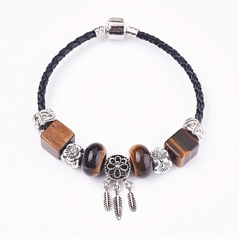Natural Tiger Eye Beads Cord Bracelets, with Brass Findings, Flower with Leaf, 7-7/8 inch(20cm), 3mm