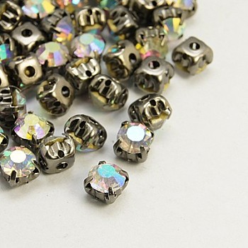 Sew on Rhinestone, Glass Rhinestone, with Prong Settings, Garments Accessories, Grade A, AB Color, Half Round, Black, 6x5mm, Hole: 1.5mm
