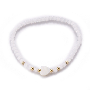 Faceted Glass Beaded Stretch Bracelets, with Brass Beads and Heart Natural Trochid Shell Beads, White, Inner Diameter: 2-1/4 inch(5.8cm)