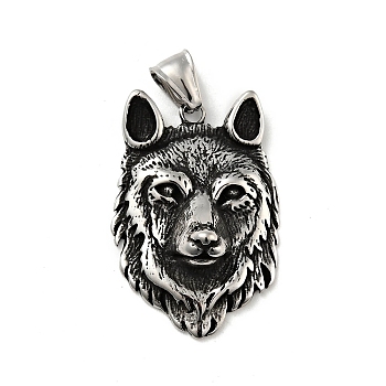304 Stainless Steel Pendants, Wolf, Antique Silver, 40x27x10.5mm, Hole: 4x8mm