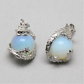 Opalite Pendants, with Alloy Findings, Round, Platinum, 27~28x20x17mm, Hole: 5x3mm