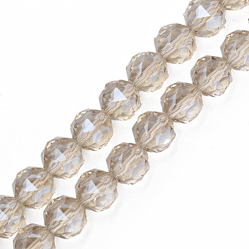 Electroplate Transparent Glass Bead Strands, Faceted, Round, Wheat, 12x11mm, Hole: 1.2mm, about 50pcs/strand, 22.05 inch(56cm)