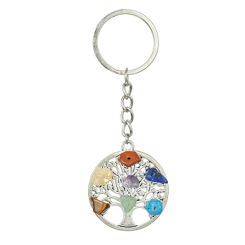 Alloy with Natural & Synthetic Mixed Gemstone Chip Pendant Keychain, with Iron Split Key Rings, Flat Round with Tree of Life, 9.2cm
