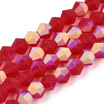 Imitate Austrian Crystal Bicone Frosted Glass Beads Strands, Grade AA, Faceted, Crimson, 4x4mm, Hole: 1mm, about 87~89pcs/strand, 13.19~13.39 inch(33.5~34cm)