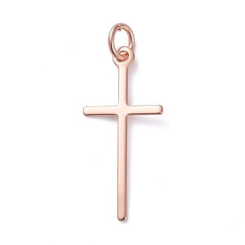 Brass Pendants, Long-Lasting Plated, Cross, Real Rose Gold Plated, 23x10.5x0.6mm, Hole: 3.2mm