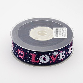 Valentine's Day Word Love Printed Polyester Grosgrain Ribbons for Gift Packaging, Midnight Blue, 1 inch(25mm), 100yards/roll(91.44m/roll)