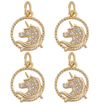 Brass Micro Pave Clear Cubic Zirconia Charms, with Jump Ring, Round Ring & Unicorn Charm, Real 18K Gold Plated, 14x11.5x2mm, Hole: 3.2mm, 14pcs/box