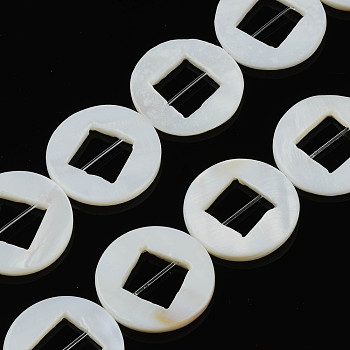Natural Freshwater Shell Beads Strands, Ring with Hollow Square, 25x2~3.5mm, Hole: 0.7mm, about 15pcs/strand, 14.57 inch(37cm)