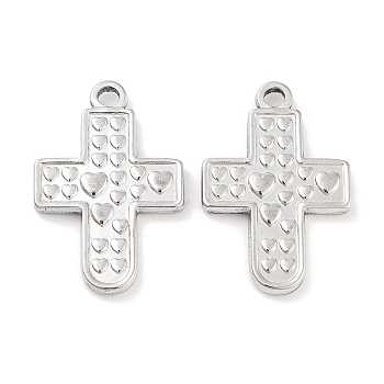 304 Stainless Steel Pendants, Cross with Heart Charm, Stainless Steel Color, 30.5x20.5x3mm, Hole: 2.5mm