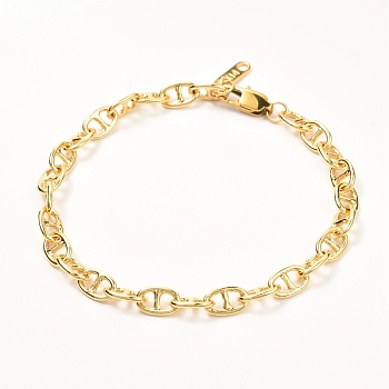 Brass Mariner Link Chains Bracelet, with 304 Stainless Steel Findings, Real 18K Gold Plated, 7-5/8 inch(19.5cm)