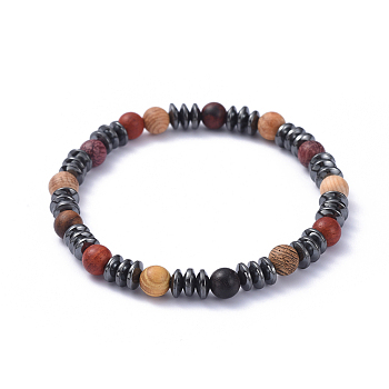 Stretch Bracelets, with Round Wood Beads and Rondelle Non-Magnetic Synthetic Hematite Beads, 2-1/4 inch(5.7cm)