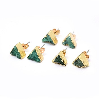 Natural Druzy Quartz Crystal Stud Earring, with Brass Findings, Triangle, Golden, Light Sea Green, 10x11x4~7mm, Pin: 0.7mm