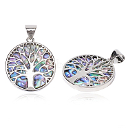 Resin Imitation Paua Shell/Abalone Shell Pendants, with Alloy Findings, Flat Round with Tree of Life, Platinum, 37.5x33.5x3mm, Hole: 6x8.5mm(RESI-S376-24)
