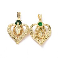 Brass Micro Pave Cubic Zirconia Pendants, Heart with Religion Virgin Mary Charms, Golden, Green, 43x34x8mm, Hole: 4x8mm(ZIRC-F134-25G-01)
