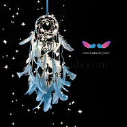 Indian Style Cotton Rope Woven Net/Web with Feather Pendant Decoration, with Colorful Beads and Shell, without Lamp, Light Sky Blue, 60cm(HJEW-PW0001-029A-03)