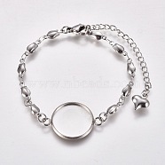 Valentine's Day 304 Stainless Steel Bracelet Making, with Lobster Claw Clasps, Flower Link Chains and Flat Round Cabochon Settings, Stainless Steel Color, Tray: 16mm, 6 inch(15.3cm)(STAS-L248-007P)