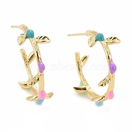 Colorful Enamel Branch Wrap Stud Earrings, Rack Plating Brass Half Hoop Earrings for Women, Cadmium Free & Lead Free & Nickle Free, Real 18K Gold Plated, 19x24x8mm, Pin: 0.7mm(EJEW-I265-02G)