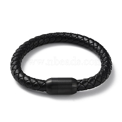 Leather Braided Round Cord Bracelet, with 304 Stainless Steel Magnetic Clasps for Men Women, Black, 8-1/4 inch(21.1cm)(BJEW-F460-03EB)