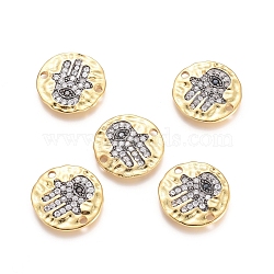 Brass Micro Pave Cubic Zirconia Links connectors, Flat Round and Hamsa Hand/Hand of Fatima/Hand of Miriam, Clear, Golden, 18x2mm, Hole: 1.8mm(ZIRC-G161-34)